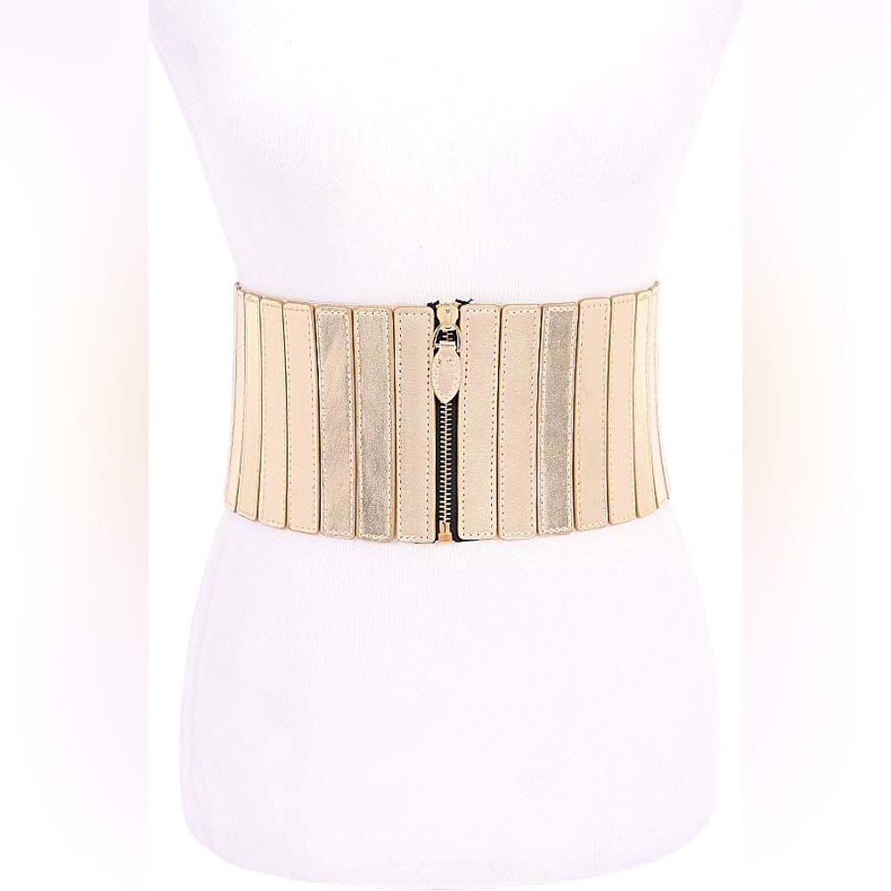 Metallic Vegan Leather Zip Up Corset Statement Belt (Gold, Silver, Black)